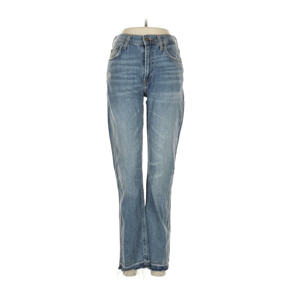 ZARA Women's Blue Denim Straight Leg Jeans Raw Hem High Rise 5-Pocket Solid